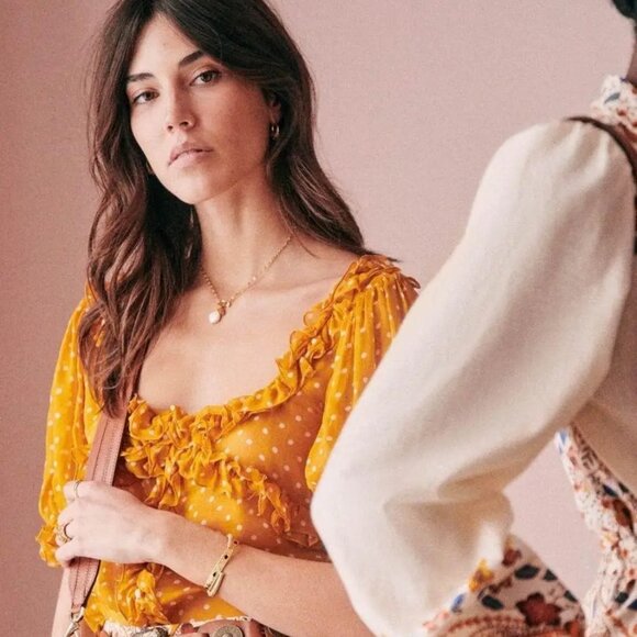 Sezane Wood Top in Saffron Polka Dot Size 4 - Picture 1 of 5